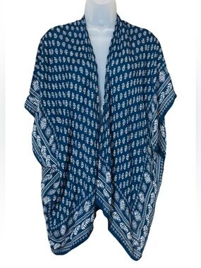 LOFT Kimono Top OS Floral Print Draped Shrug Cardigan Navy Blue Coastal Beach